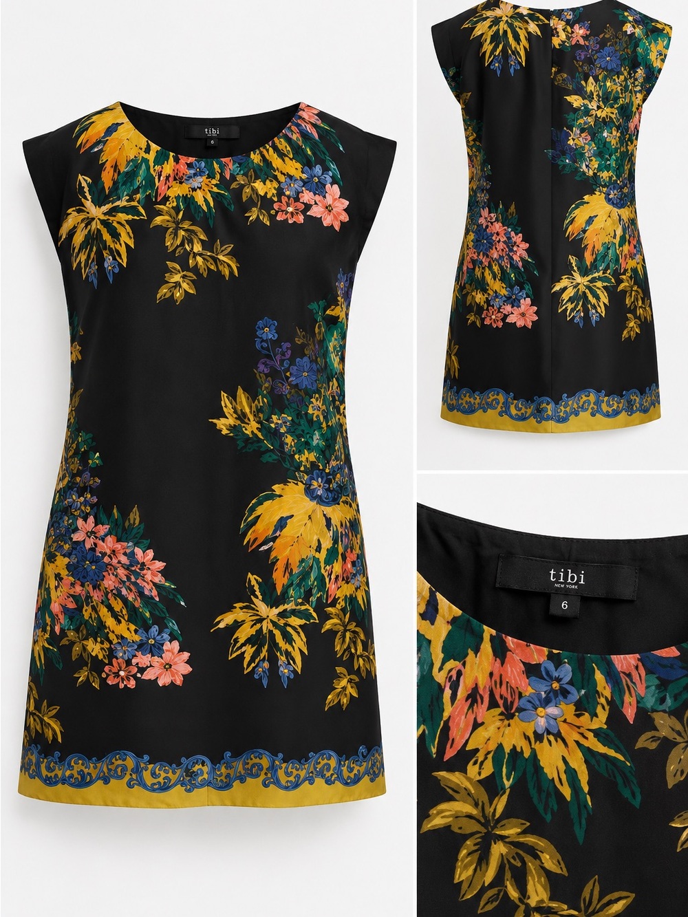 Tibi Black Floral Shift Dress 100% Silk EUC Size 6